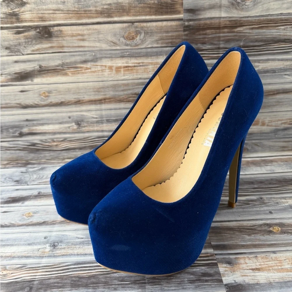 OCHENTA Women's Platform Slip On High Heels Dress Pumps Blue Velvet stilettos